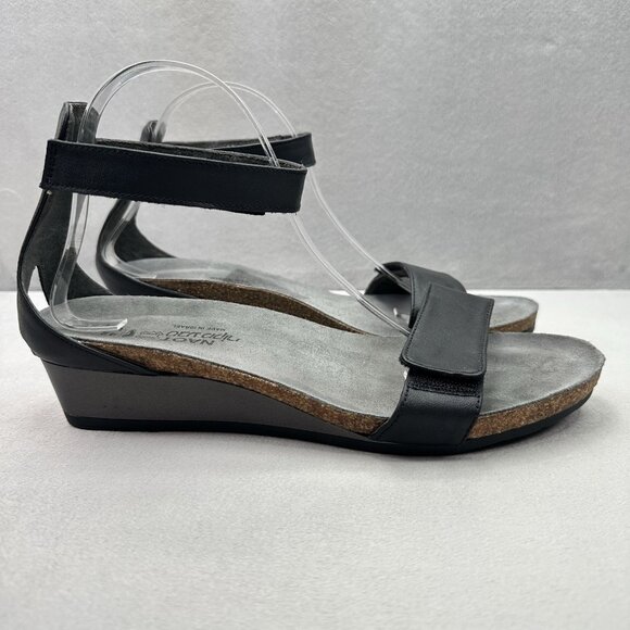 NAOT Pixie Womens Size 42 (US 11) Wedge Sandals Black Patent Leather Ankle Strap - Picture 1 of 9